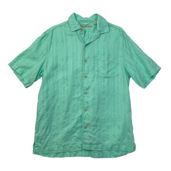 Caribbean Shirt Mens M Medium Pond Blue Linen Cotton Blend Button Up Wood Button - Picture 1 of 10